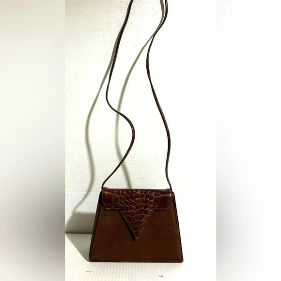 Carey Adina brown vintage croc embossed leather/ suede crossbody handbag